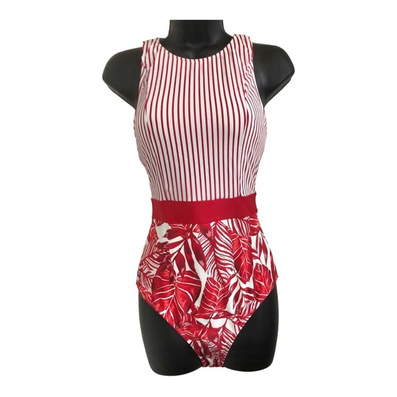 Cupshe red & white striped banded waist red floral open back 1pc swimsuit size M - Picture 3 of 14